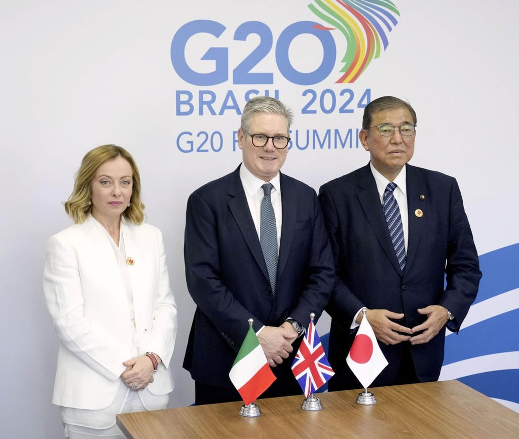 (From left) Italian Prime Minister Giorgia Meloni, British Prime Minister Keir Starmer and Japanese Prime Minister Shigeru Ishiba prior to their talks in Rio de Janeiro on November 19, expected to focus on a joint project to develop a next-generation fighter jet. Photo: Kyodo (From left) Italian Prime Minister Giorgia Meloni, British Prime Minister Keir Starmer and Japanese Prime Minister Shigeru Ishiba prior to their talks in Rio de Janeiro on November 19, expected to focus on a joint project to develop a next-generation fighter jet. Photo: Kyodo