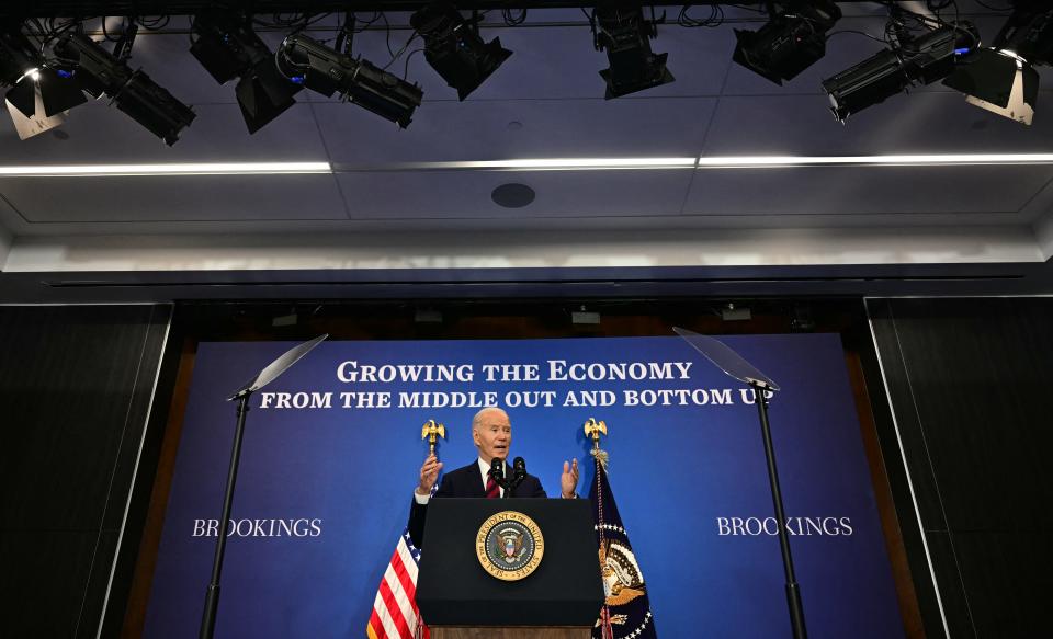 President Joe Biden speaks about his "middle-out, bottom-up economic playbook" at the Brookings Institution in Washington, DC, on December 10, 2024.