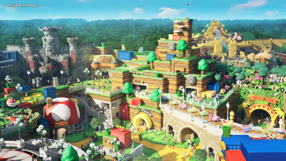 A illustration/conceptual rendering of Super Nintendo World at Epic Universe.