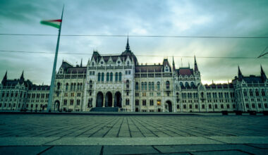 Long exposure of National Assembly with hungarian flag, Budapest, Hungary, 2023