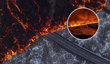 lava on road iceland volcano