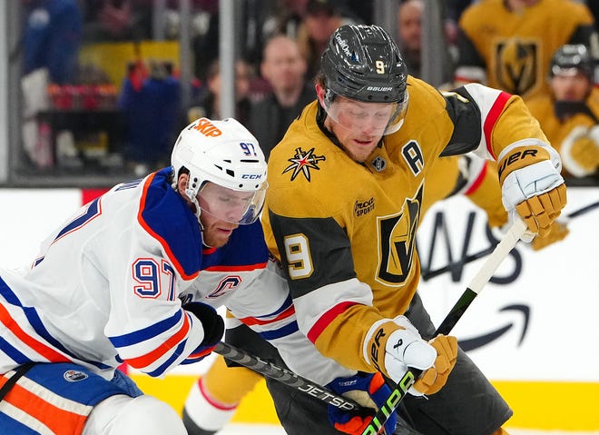 Edmonton Oilers center Connor McDavid (97) will play for Canada at the 4 Nations Face-Off while Vegas Golden Knights center Jack Eichel (9) will play for the USA.
