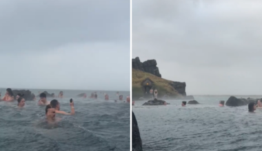 Tourist in pool in Iceland