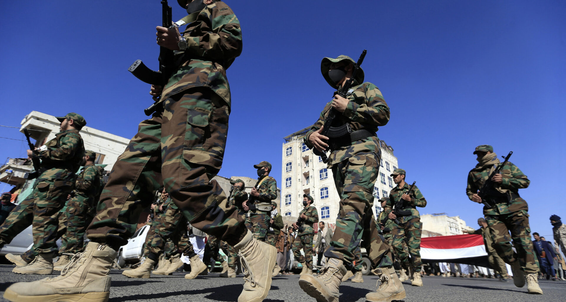 Yemen, Houthi, fighters, march, in, Sanaa