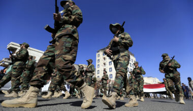 Yemen, Houthi, fighters, march, in, Sanaa