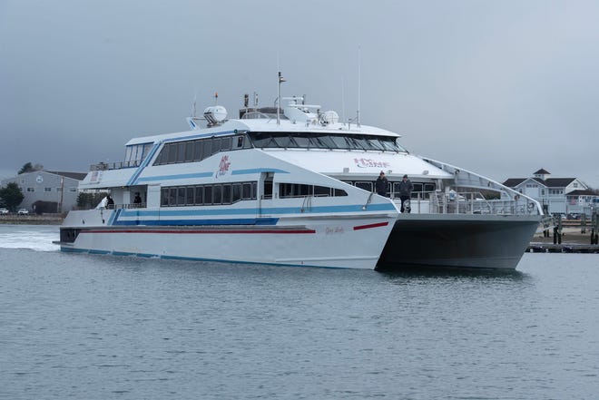 The Hy-Line fast ferry Grey Lady arrives at its Hyannis terminal on Dec. 20, 2024, after leaving Nantucket.