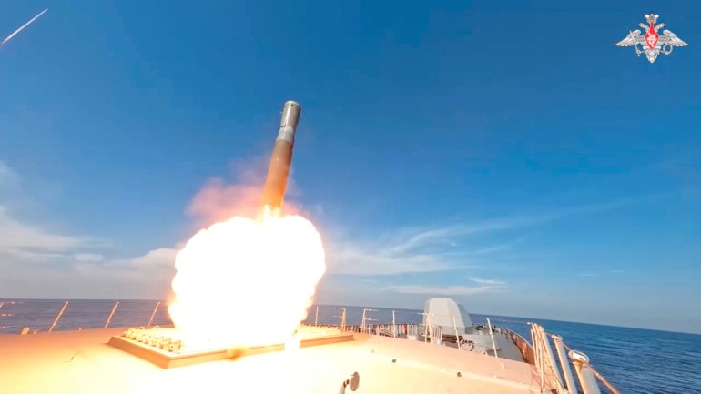 A Russian Navy frigate fires a Zircon (Tsirkon) hypersonic anti-ship missile during drills conducted in the eastern part of the Mediterranean Sea, in this still image from video released on December 3, 2024. Russian Defence Ministry/Handout via REUTERS ATTENTION EDITORS - THIS IMAGE HAS BEEN SUPPLIED BY A THIRD PARTY. NO RESALES. NO ARCHIVES. MANDATORY CREDIT.