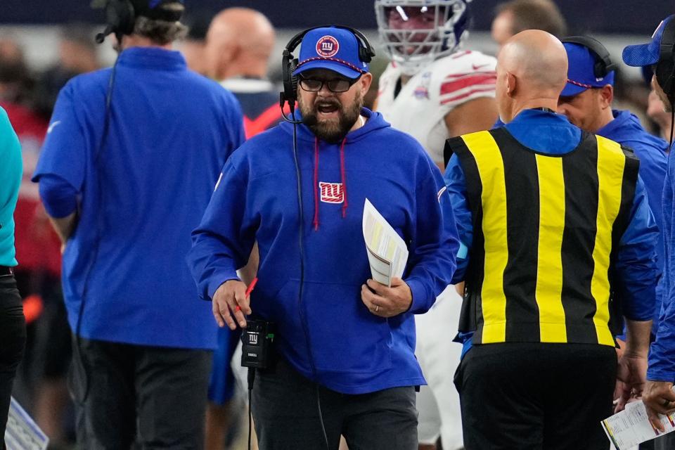 Nov 28, 2024; Arlington, Texas, USA; New York Giants head coach Brian Daboll reacts during the second half againt the Dallas Cowboys at AT&T Stadium. Mandatory Credit: Chris Jones-Imagn Images