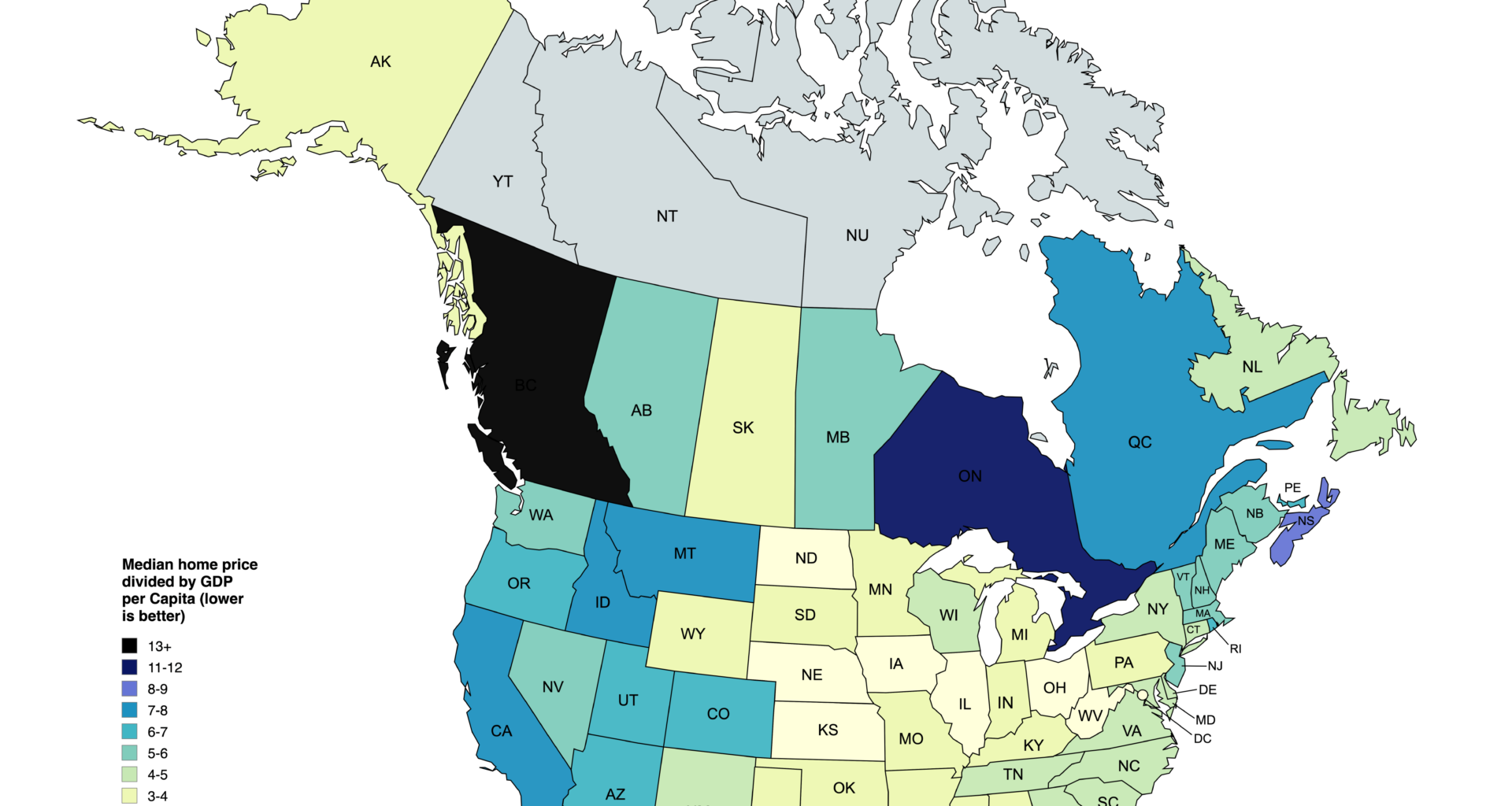 Median Home Price divided by GDP Per Capita in the US and Canada [OC]