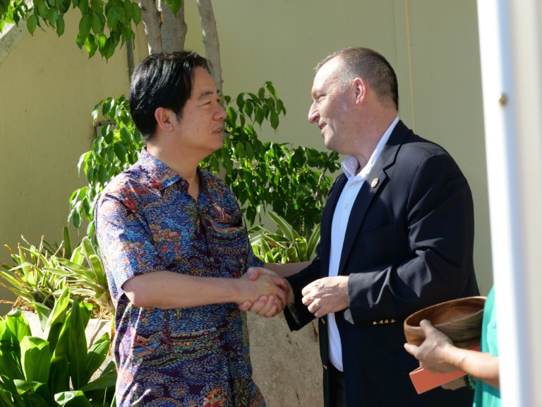 Taiwanese President Lai Ching-te (L) shakes hands with Hawaii Governor Josh Green during his stopover visit to the US island state (Ronen ZILBERMAN)