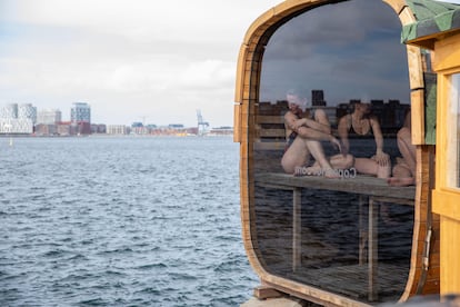 People in a sauna before taking a bath in the Refshaleøen area of Copenhagen.