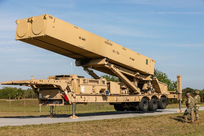 U.S. Army soldiers assigned to a multi-domain artillery battery practice operate the new Long-Range Hypersonic Weapon (LRHW) in March 2023 during Operation Thunderbolt Strike at Cape Canaveral Space Force Station.