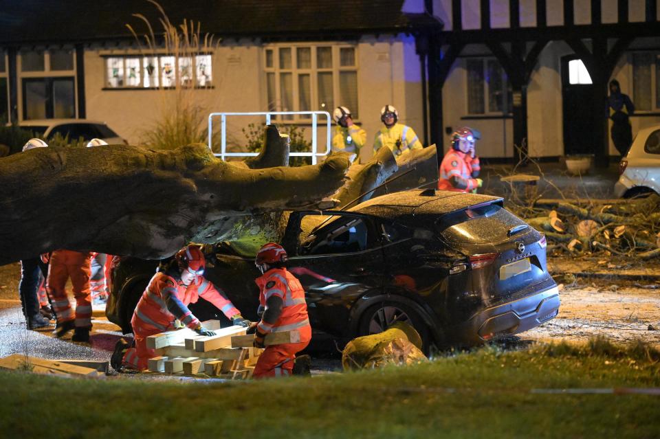NOTE TO EDITORS - Death confirmed by police officer on scene. - Sutton Road, Erdington, Birmingham 7th December 2024 - A man has died after his car was hit by a falling tree during strong Storm Darragh winds on Sutton Road at the junction of Silver Birch Road in the Erdington area of Birmingham on Saturday afternoon. Firefighters including members of USAR and ISAR, Urban/International Search and Rescue, who are often sent to major disasters overseas were this evening cutting the tree away from the vehicle to recover the unidentified man. Credit: British News and Media/Alamy Live News WEST MIDL