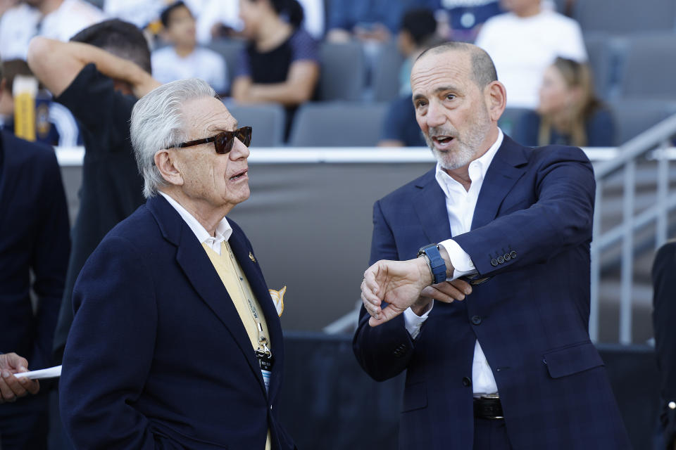 CARSON, CALIFORNIA - DECEMBER 07: Owner of Los Angeles Galaxy Philip Anschutz and MLS Commissioner Don Garber prior the 2024 MLS Cup Final at Dignity Health Sports Park on December 07, 2024 in Carson, California. (Photo by Kevork Djansezian/Getty Images)