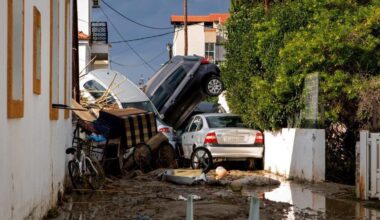 Cars piled up on small, muddy road, following floods caused by storm Bora in the area of Lalysos, on the island of Rhodes, Greece, 1 December 2024.