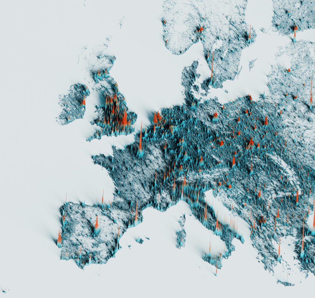 Population Density Map for Europe | Made with Blender and Data from Kontur Population Density for 400m H3 Hexagons 2023 [OC]