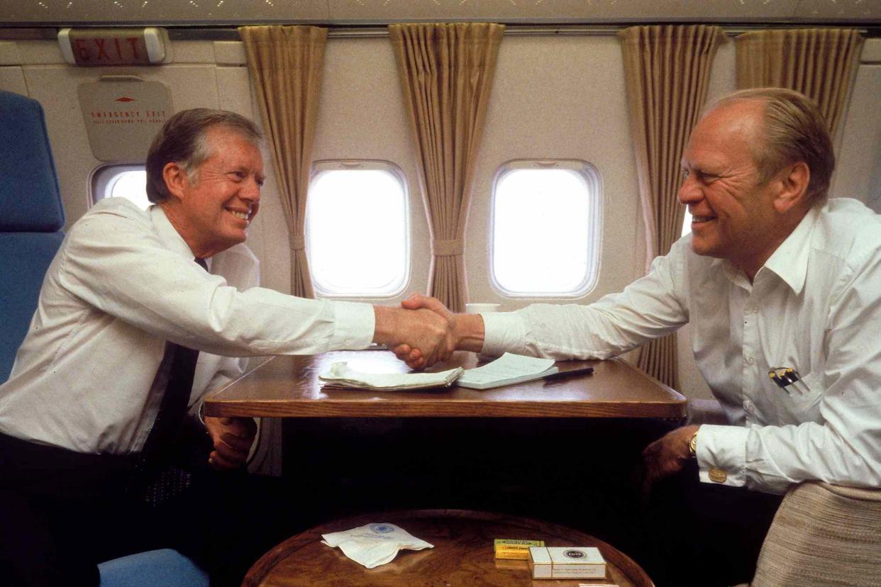 Dirck Halstead/Getty Former Presidents Jimmy Carter and Gerald Ford reconnect on the way to Egyptian President Anwar El-Sadat's 1981 funeral in Cairo