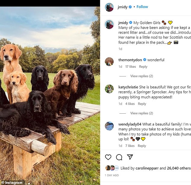 In his social media post, he also shared a snap of all his dogs together, including James' five cocker spaniels: Ella, Inca, Luna, Zulu and Nala