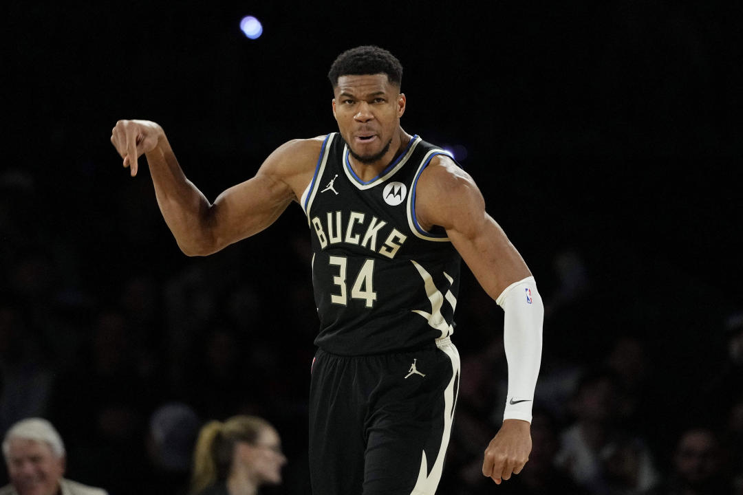 Dec 14, 2024; Las Vegas, Nevada, USA; Milwaukee Bucks forward Giannis Antetokounmpo (34) reacts during the first quarter against the Atlanta Hawks in a semifinal of the 2024 Emirates NBA Cup at T-Mobile Arena. Mandatory Credit: Kyle Terada-Imagn Images