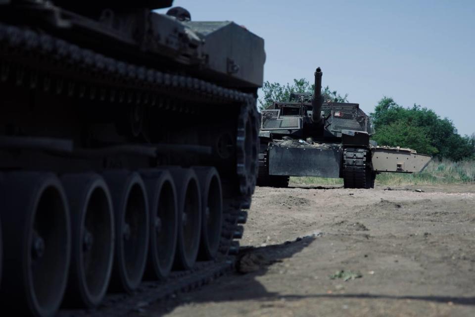 A US-provided M1A1 Abrams tank at an undisclosed location in Ukraine.