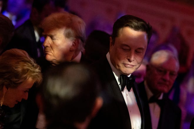 U.S. President-elect Donald Trump walks by Elon Musk during the America First Policy Institute (AFPI) gala at Mar-A-Lago in Palm Beach, Florida, U.S., Nov. 14, 2024.