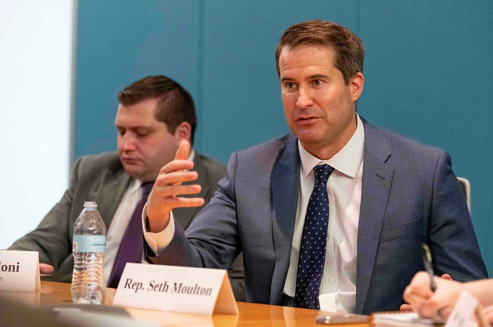 Rep. Seth Moulton, D-Mass., speaks to the USA TODAY Editorial Board about his candidacy for the Democratic nomination for president on July 10, 2019. After the 2024 election, Moulton has blamed Democrats’ widespread losses in part on his party’s approach to debates about trans students participating in youth sports.