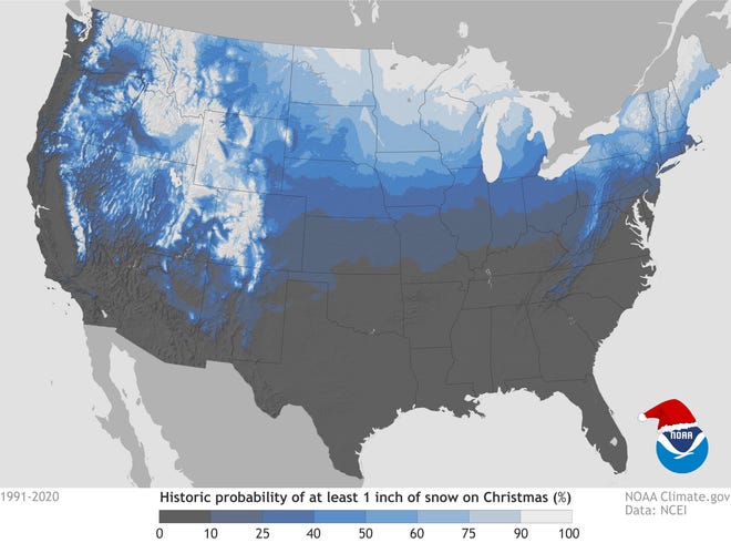 The historical probability of seeing a white Christmas.