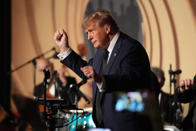 Donald Trump attends the Trumpettes Gala at Mar-a-Lago, his private Florida club, on Saturday, February 10, 2024 in Palm Beach.