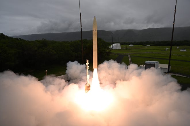 A hypersonic missile takes flight in June 2024 from the Pacific Missile Range Facility in Kauai, Hawaii.
