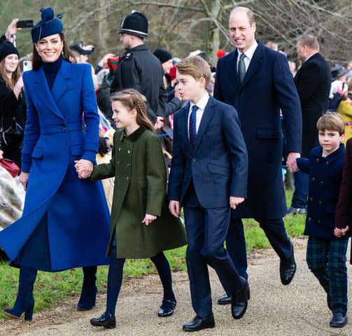 Samir Hussein/WireImage Catherine, Princess of Wales, Princess Charlotte of Wales, Prince George of Wales, Prince William, Prince of Wales, Prince Louis of Wales and Mia Tindall attend the Christmas Morning Service at Sandringham Church on Dec. 25, 2023 in Sandringham, Norfolk