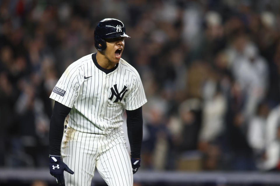 NEW YORK, NEW YORK - APRIL 19: Juan Soto #22 of the New York Yankees celebrates after hitting a 3-run home run in the seventh inning against the Tampa Bay Rays at Yankee Stadium on April 19, 2024 in New York City. New York Yankees defeated the Tampa Bay Rays 5-3. (Photo by Mike Stobe/Getty Images)