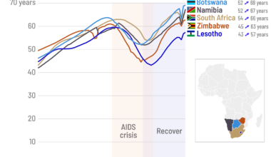 [OC] Life Expectancy rebounds from the AIDS crisis in Southern Africa
