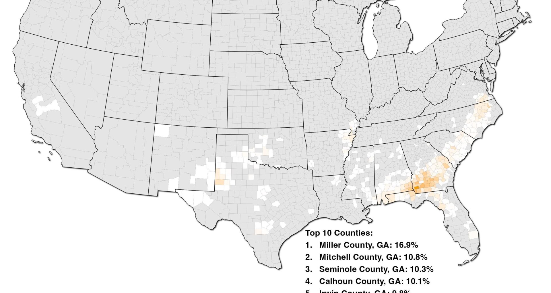 [OC] Portion of Land Area Used for Peanut Farming in the US