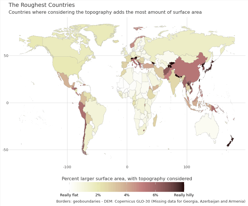 [OC] The Roughest Countries in the World (How does the size of a country change, if you consider all the hills and mountains)