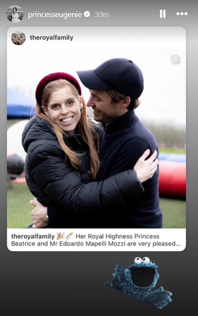 Beatrice's younger sister Eugenie, meanwhile, showed her excitement for the family's new arrival by sharing the announcement to her Instagram story, however she didn't post herself until later in the day. The mother-of-two simply added a reaction picture of a Sesame Street puppet, which applauded enthusiastically
