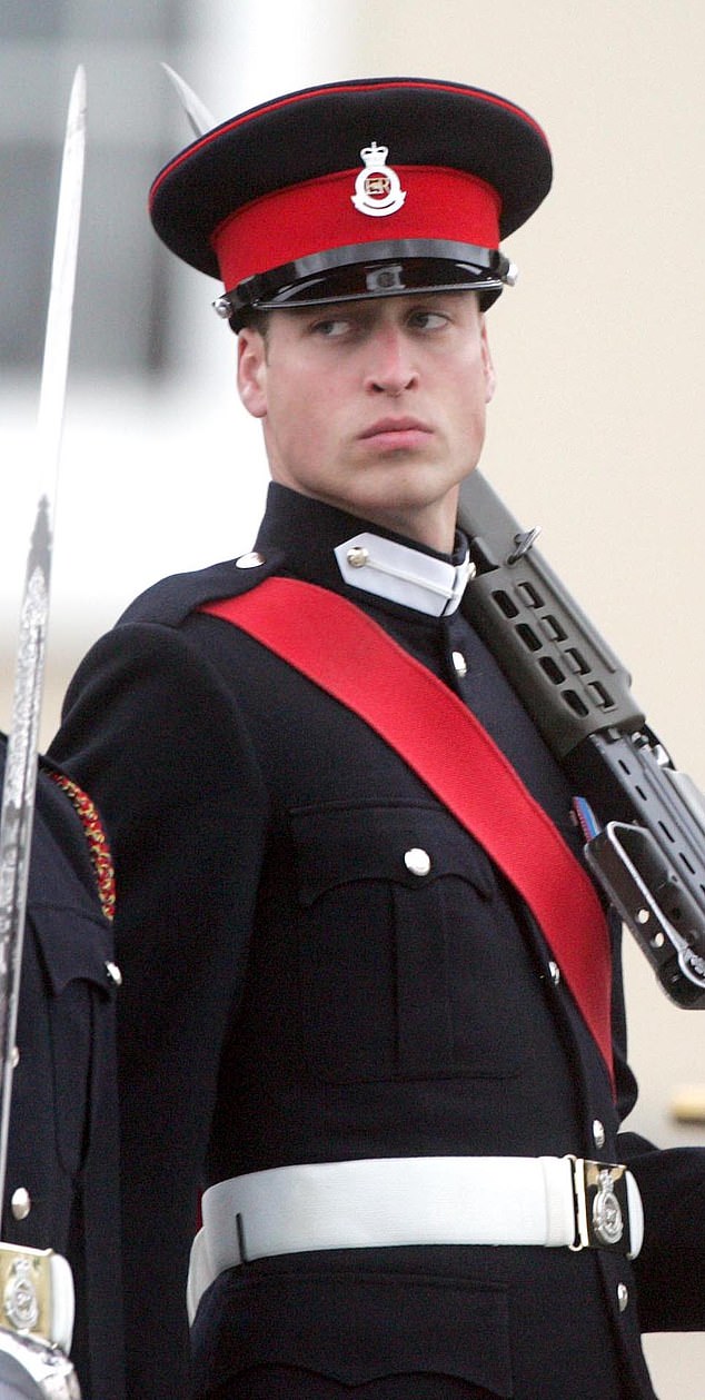 William wearing a blue uniform, hat and white gloves with a scarlet-coloured sash at the parade