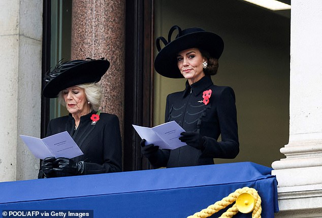 Buckingham Palace confirmed Queen Camilla will not be attending the Royal British Legion Festival of Remembrance at the Royal Albert Hall on Saturday evening, nor the Remembrance Day service at the Cenotaph on Sunday. (Queen Camilla pictured alongside the Duchess of Cambridge during the National Service Of Remembrance at The Cenotaph in 2023)
