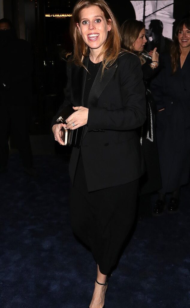 Princes Beatrice (pictured), 36, cut a stylish figure in a tuxedo jacket complete with satin lapels