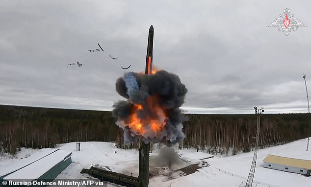 A grab taken from handout footage released by Russia's Defence Ministry on March 1 purports to show the test firing of an ICBM belonging to the country's nuclear deterrence forces