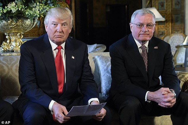 President Donald Trump, center, sits with retired Army Lt. Gen. Keith Kellogg, right