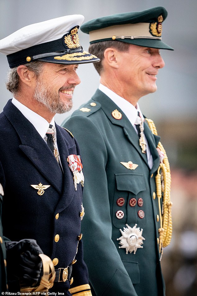 Frederik of Denmark (L) and Prince Joachim of Denmark attend festivities of the Danish Army to celebrate the 50th regency jubilee of their mother Queen Margrethe in August 2022