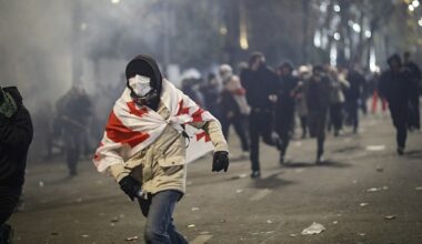 Police use tear gas to disperse Georgian opposition supporters protesting in front of the Parliament building in Tbilisi, Georgia, 30 November 2024