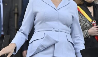 Mathilde put her best fashion foot forward for the event as she stepped out in a matching pastel periwinkle-coloured blazer and trouser co-ord