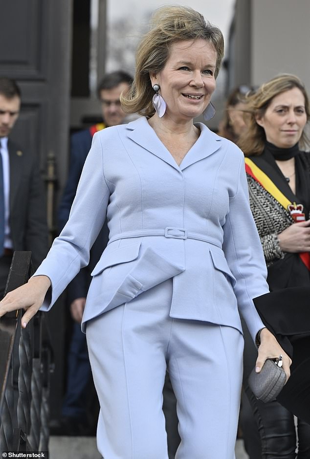 Mathilde put her best fashion foot forward for the event as she stepped out in a matching pastel periwinkle-coloured blazer and trouser co-ord