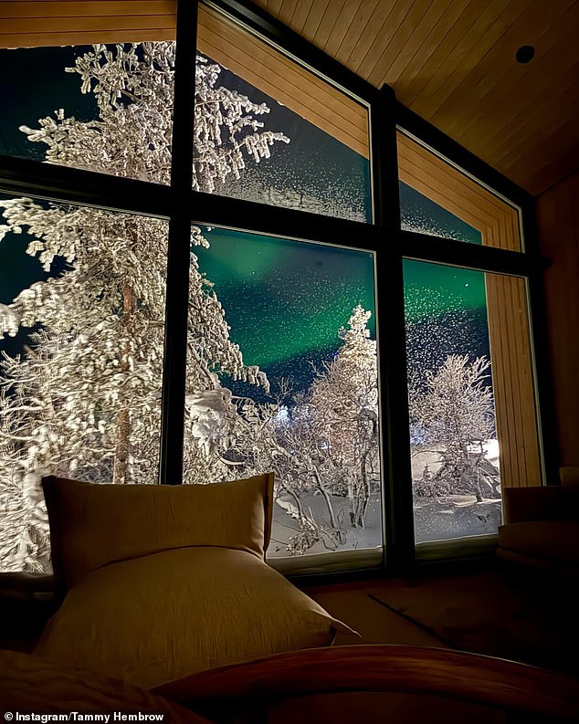 Another photograph gave an insight into their luxurious $1100-per-night accommodation as the view of the Northern Lights could be seen from their honeymoon digs