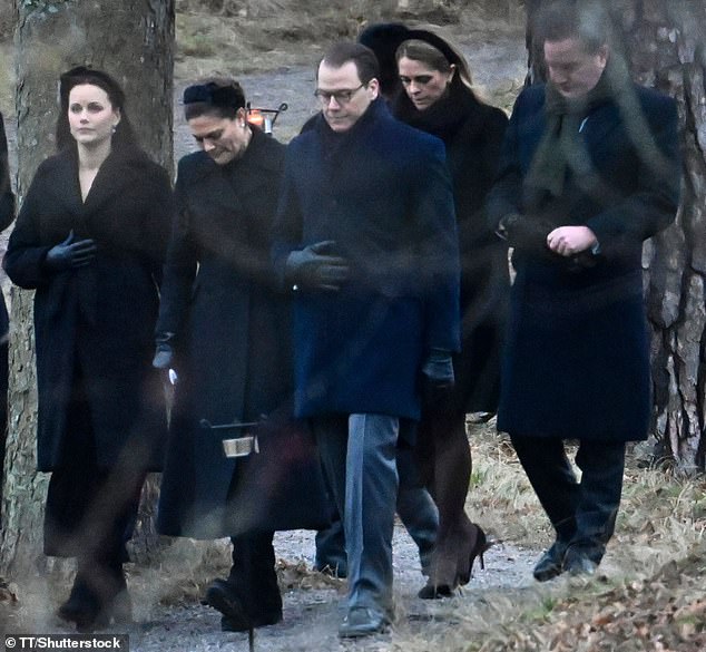 Pictured (from front L to R to back L to R): Princess Sofia, Princess Victoria, Prince Daneile, Princess Madeleine, and Christopher O'Neill leave after Princess Birgitta's burial