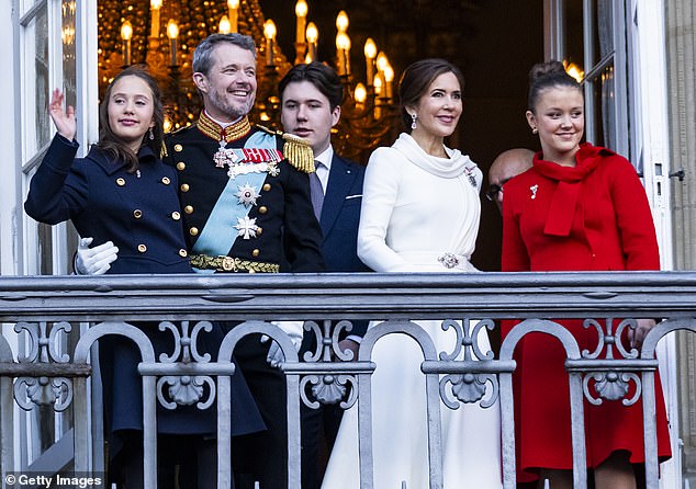 King Frederik X with Queen Mary, Crown Prince Christian, Princess Isabella and Princess Josephine on January 14, 2024 in Copenhagen
