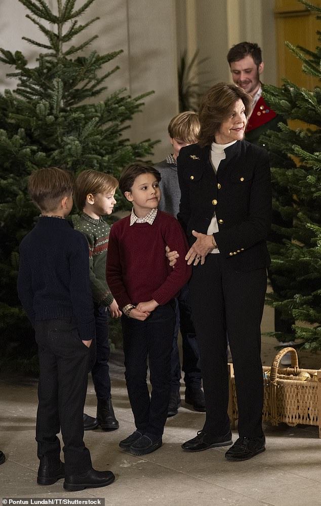 The royal, 80, received the evergreens at the Royal Palace in Stockholm from the Forestry University's student union. From left to right: Prince Oscar, Prince Gabriel, and Prince Alexander, who Queen Silvia wrapped a loving arm around