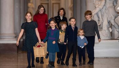 Queen Silvia spent Monday evening decorating the Royal Palace's Christmas trees with her grandchildren. From left to right: Princess Leonore, Princess Estelle, Princess Adrienne, Queen Silvia, Prince Gabriel, Prince Oscar, Prince Julian and Prince Nicolas