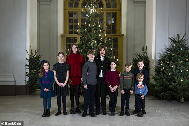 Queen Silvia is accompanied by her eight grandchildren in a festive snap, with the group posing before a beautifully-decorated Christmas tree